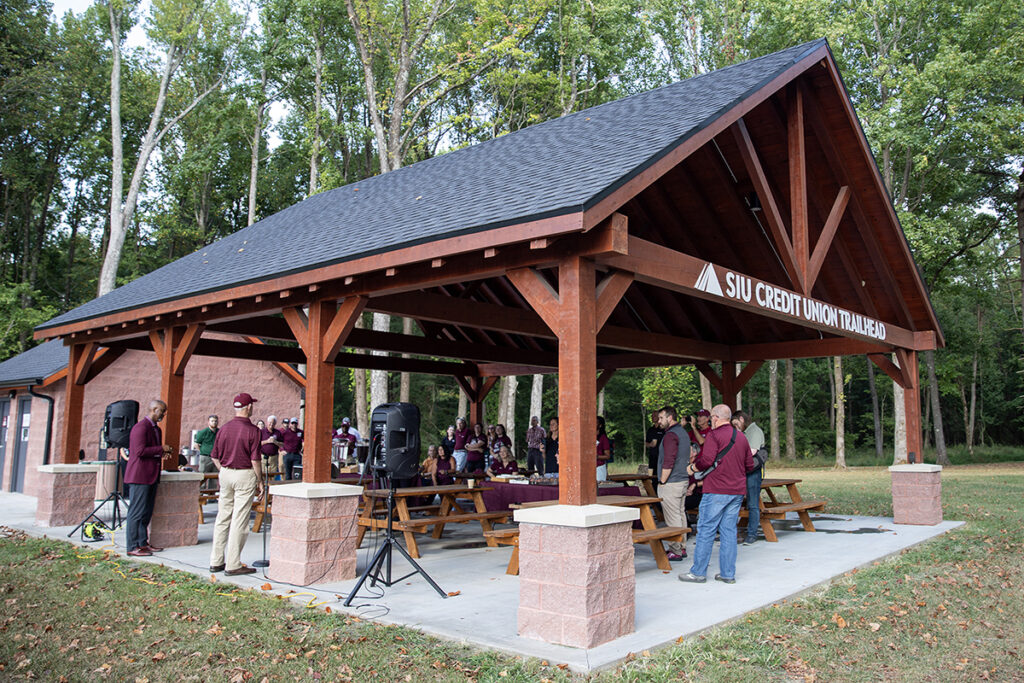 A crowd gathered at the SIU Credit Union Trailhead at Touch of Nature Outdoor Education Center.